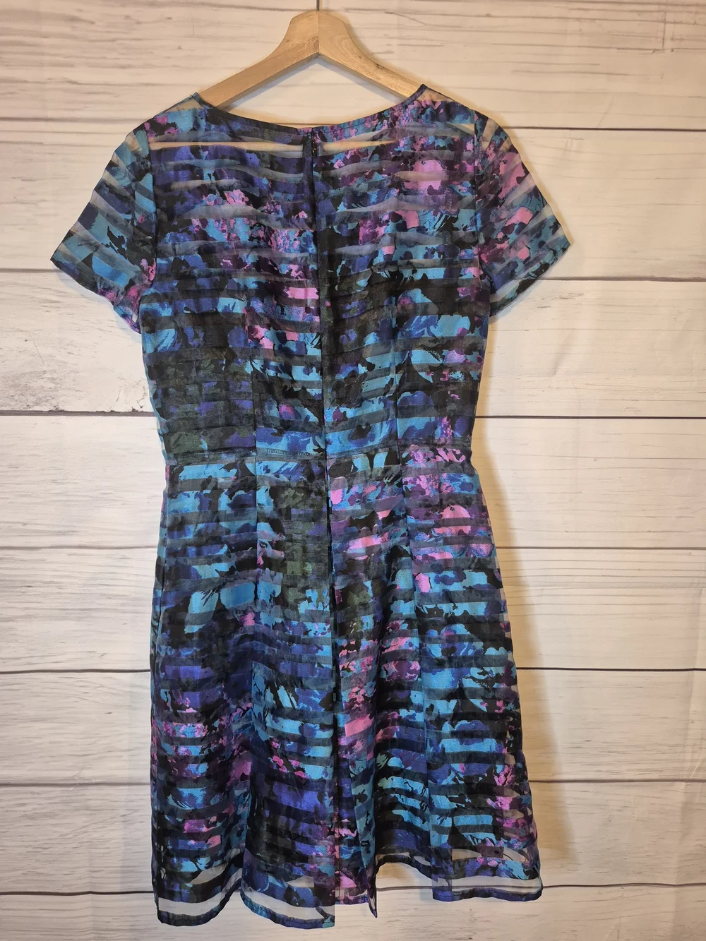 Tahari ASL Blue Multi-Color Striped Floral Burnout Fit & Flare Dress Size 6 - Picture 8 of 12